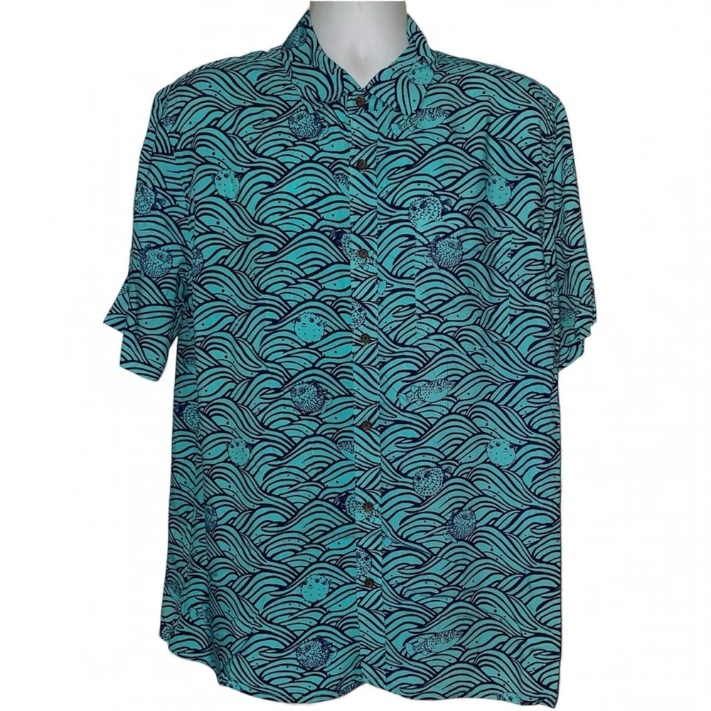 Margaritaville men's blue puffer fish button‎ up short sleeve rayon shirt NEW